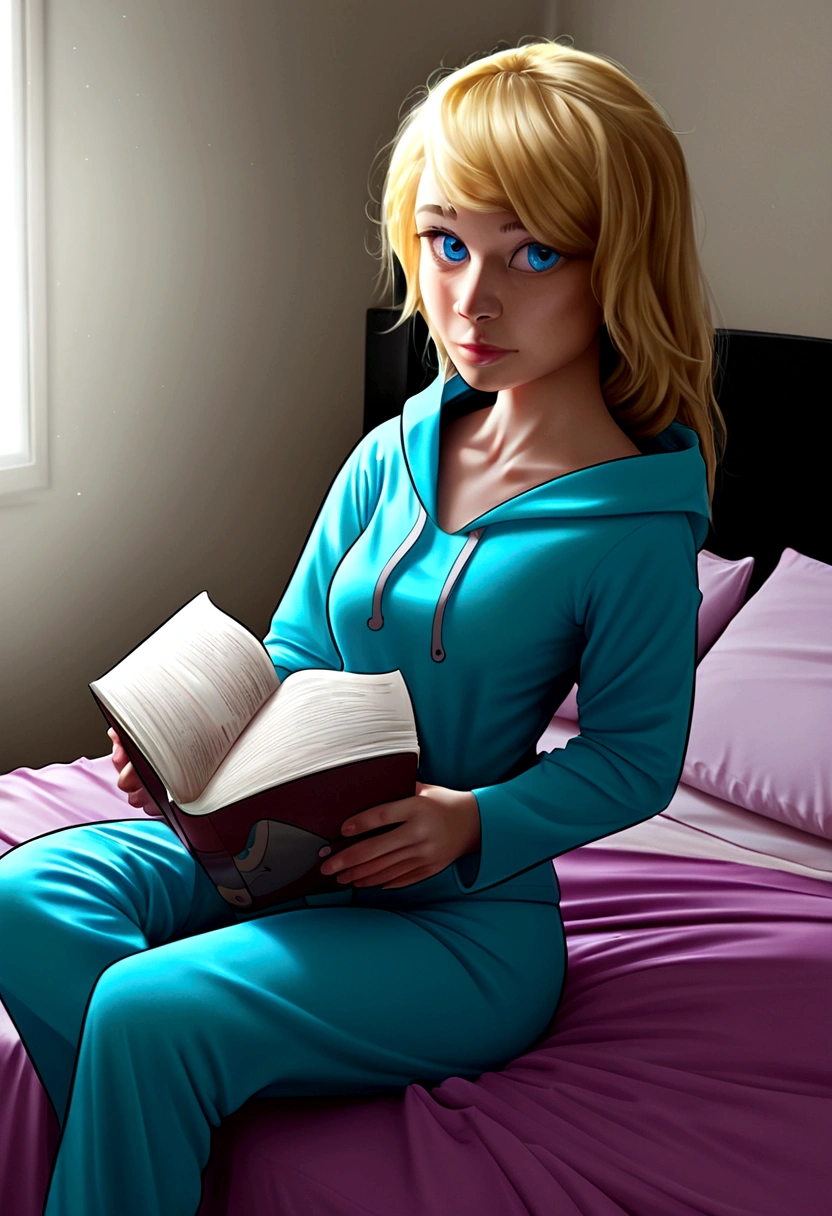 cute girl, 10 years old, blonde hair, big blue eyes, shark themed pajamas, hooded pajamas, sitting up in bed, reading shark book, flashlight, high quality, detailed, photorealistic, 8k, masterpiece, studio lighting, vibrant colors, soft lighting, warm tones