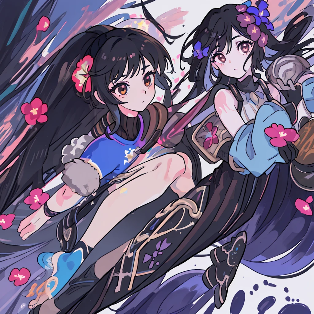 a woman with long black hair, brown eyes, wearing a sock adorned with painted flowers covering her entire leg, wooden slippers, gloves with painted flowers extending to her forearms, a pompom on her shoulder, a low-cut sweater shaped like a flower, and a swimsuit, highly detailed, 8K, photorealistic, masterpiece, hyper-realistic portrait, chiaroscuro lighting, vibrant colors, fantasy, surreal, whimsical, dreamlike