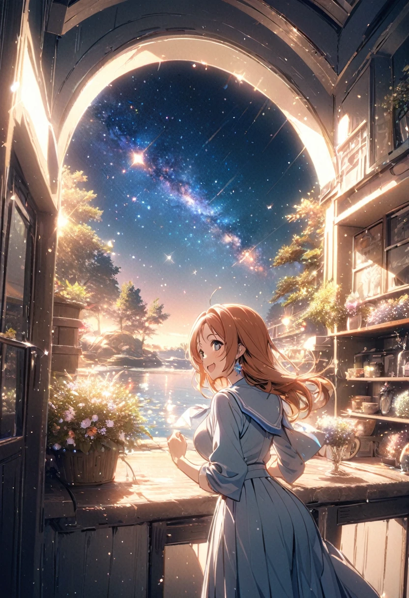 masterpiece,highest quality,ultra-detailed,high-definition background,8K,hi-res,high quality,BREAK,water滴、たくさんのwater滴、water,girl, japanese manga style, sketch, water彩色.Tanabata.milky way、((Orihime and Hikoboshi:1.5))、A radiant smile、Smile、Star of the sky