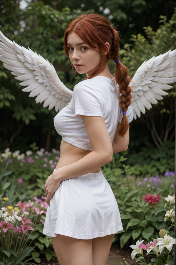 1 girl with red hair in a pigtail, facing the front of the screen, hair with many flowers, white skin, big breasts, big butt, purple short skirt and t-shirt, with angel wings, background Lily garden, standing and posing