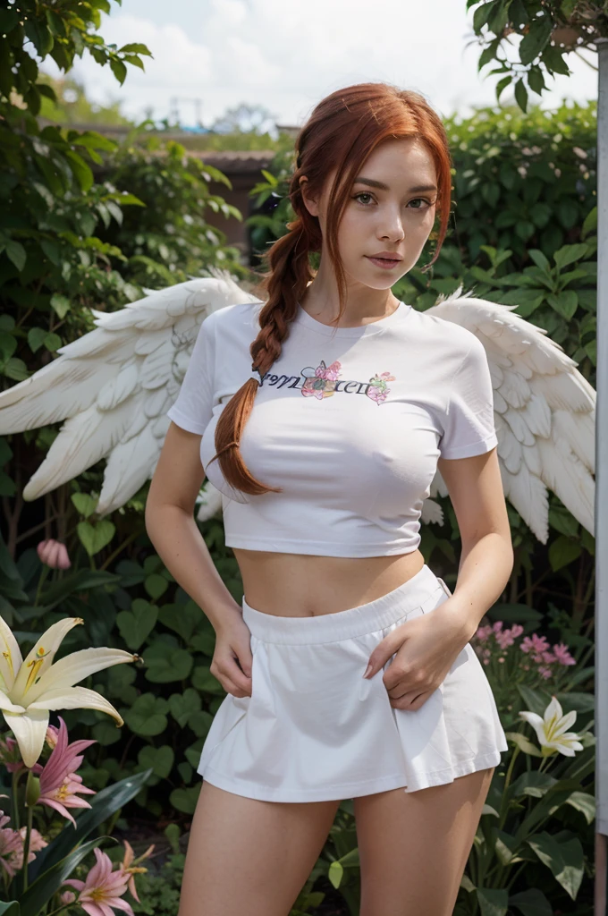 1 girl with red hair in a pigtail, facing the front of the screen, hair with many flowers, white skin, big breasts, big butt, purple short skirt and t-shirt, with angel wings, background Lily garden, standing and posing