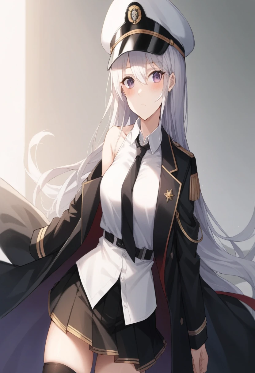 (masterpiece, Highest quality:1.2),shape,8K,High resolution,One Girl,alone,Cowboy Shot,length_hair,have,tie,white have,skirt,white_hair,Knee socks,Peaked_cap,purple_eye,Sleeveless,chest,shirt,white shirt,black_tie,Sleeveless_shirt,Pleats_skirt,very_length_hair,big_chest,black_coat,miniskirt,Open_coat,just_shoulder,Open_Clothes,absolute_ryouiki,black_Knee socks,military_have,belt,black_skirt,With collar_shirt,前hair,hair_between_eye,Underbust,blush,