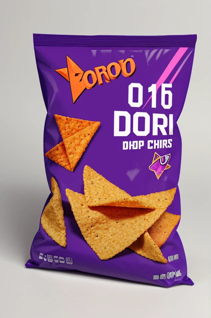 Bag of snacks with a combined illustration of the image of doritos and purple chips with the name dori chips