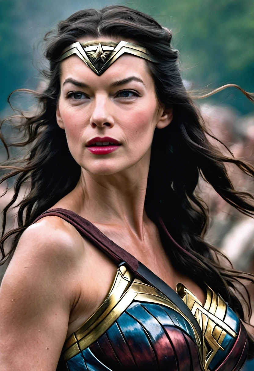 (((Extreme close-up of a beautiful mature woman Milla Jovovich long black hair (((Diameter))),(((Hair gathered in a ponytail and abundant )))under the mantle of the Amazon warrior Wonder Woman images Surreal cinematographic HD images Color Splash))),(((Diameter))),(((Diameter Wonder Woman)),(((Front Images)))