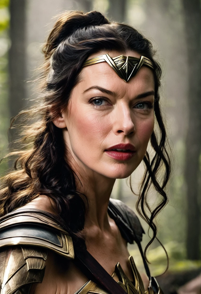(((Extreme close-up of a beautiful mature woman Milla Jovovich long black hair (((Diameter))),(((Hair gathered in a ponytail and abundant )))under the mantle of the Amazon warrior Wonder Woman images Surreal cinematographic HD images Color Splash))),(((Diameter))),(((Diameter Wonder Woman)),(((Front Images)))