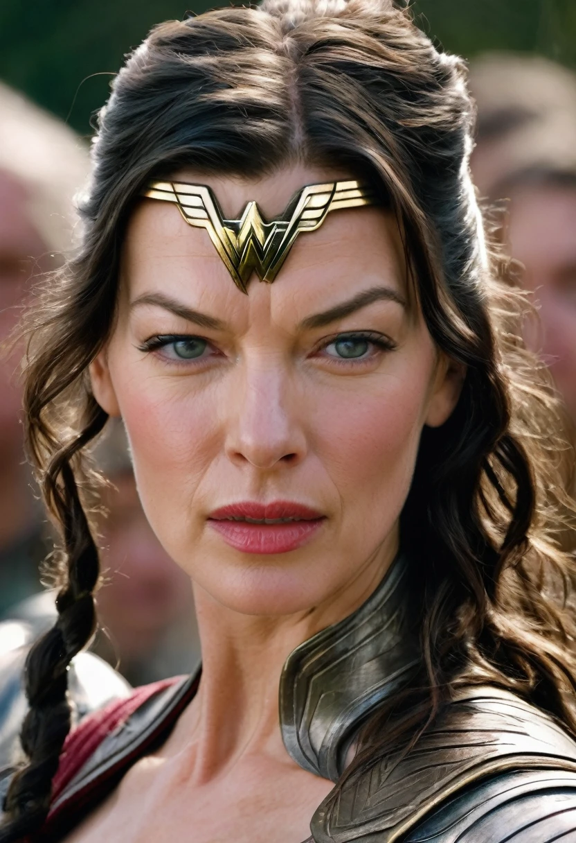 (((Extreme close-up of a beautiful mature woman Milla Jovovich long black hair (((Diameter))),(((Hair gathered in a ponytail and abundant )))under the mantle of the Amazon warrior Wonder Woman images Surreal cinematographic HD images Color Splash))),(((Diameter))),(((Diameter Wonder Woman)),(((Front Images)))