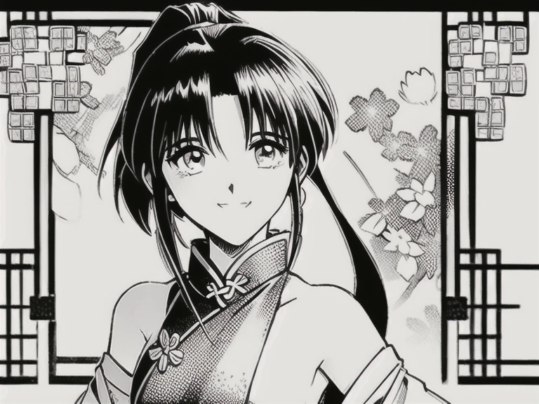 A stunning 17-year-old anime girl, solo and radiant, dons a breathtaking chinese dress, bare shoulder. Her slender body and long legs are showcased as she strikes a shy yet captivating smile. Her beautiful eyes sparkle under the gentle framing of her raven-black locks, hair tien in ponytail which cascade down her face like a waterfall. In high-quality monochromatic tones, her kaorumanga-inspired beauty shines bright against a simple, uncluttered background, drawing full focus on her resplendent figure,(bunch of flowers:1.3), (zentangle:1.2), (geometric:1.2)