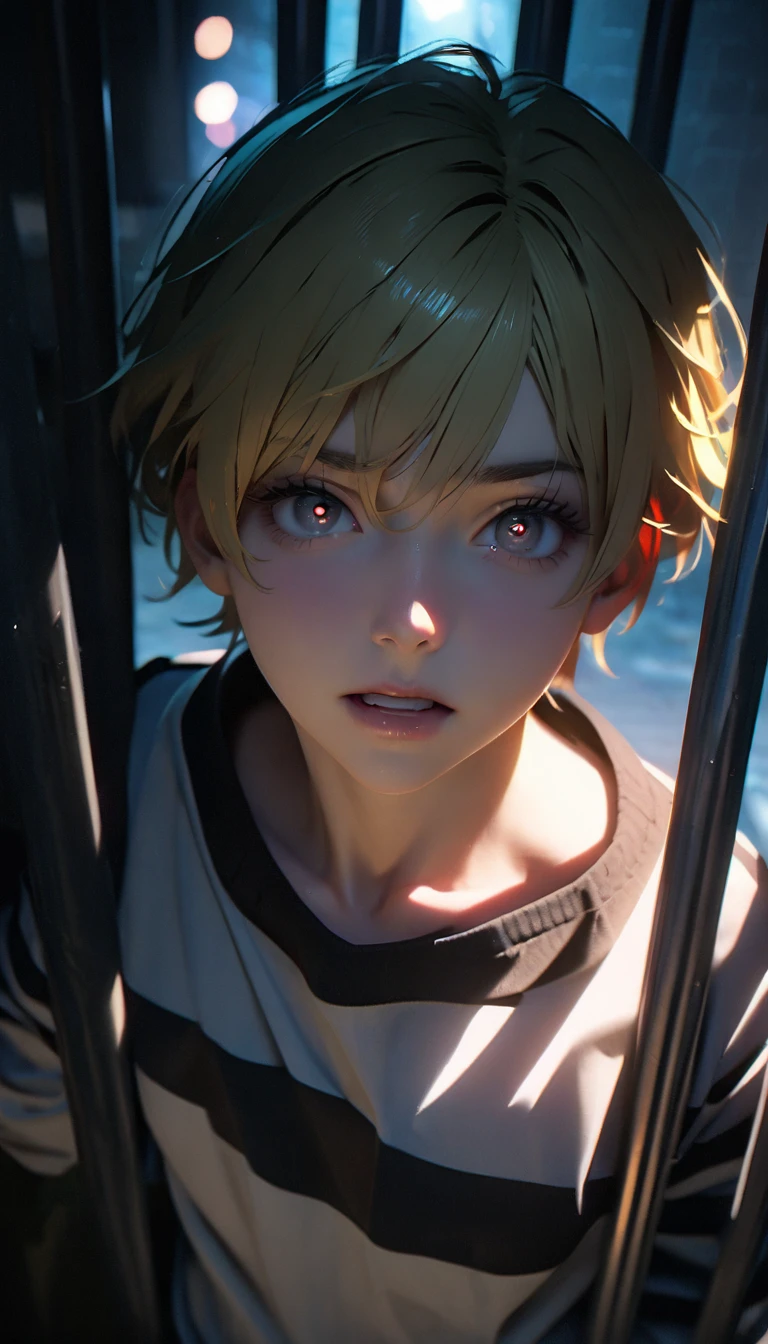 (8K, RAW photos, best quality, masterpiece: 1.4), (((关在Jail的Middle-aged men)))，Ultra-high resolution, Extremely detailed, light, Upper body close-up, Middle-aged men, black eyes, (delicate eyes, Eyes are bright:1.2), Yellow short hair, Fair skin,dark, Prison uniform,(perfect anatomy:1.2), High-quality shadows, Natural Lighting, (White highlights:1.2), night, cloudy day, (Jail:1.2), (Frustration:1.2)