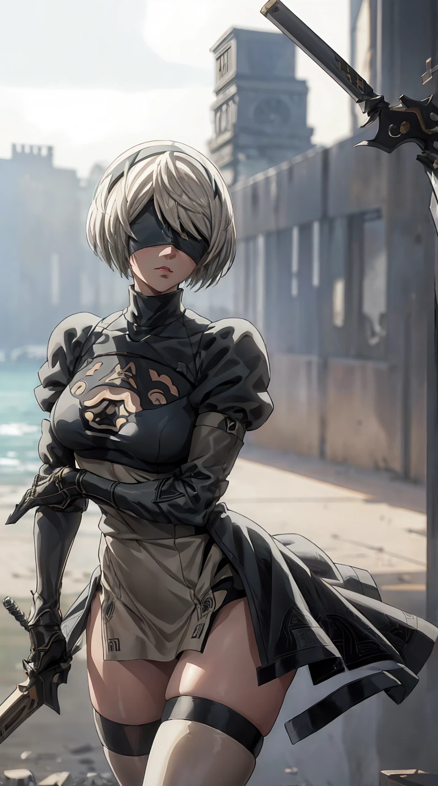 (2B,NieR:Automata),blindfold,have a weapon,best quality, high quality, 8K, masterpiece, Jack-O’ challenge pose,