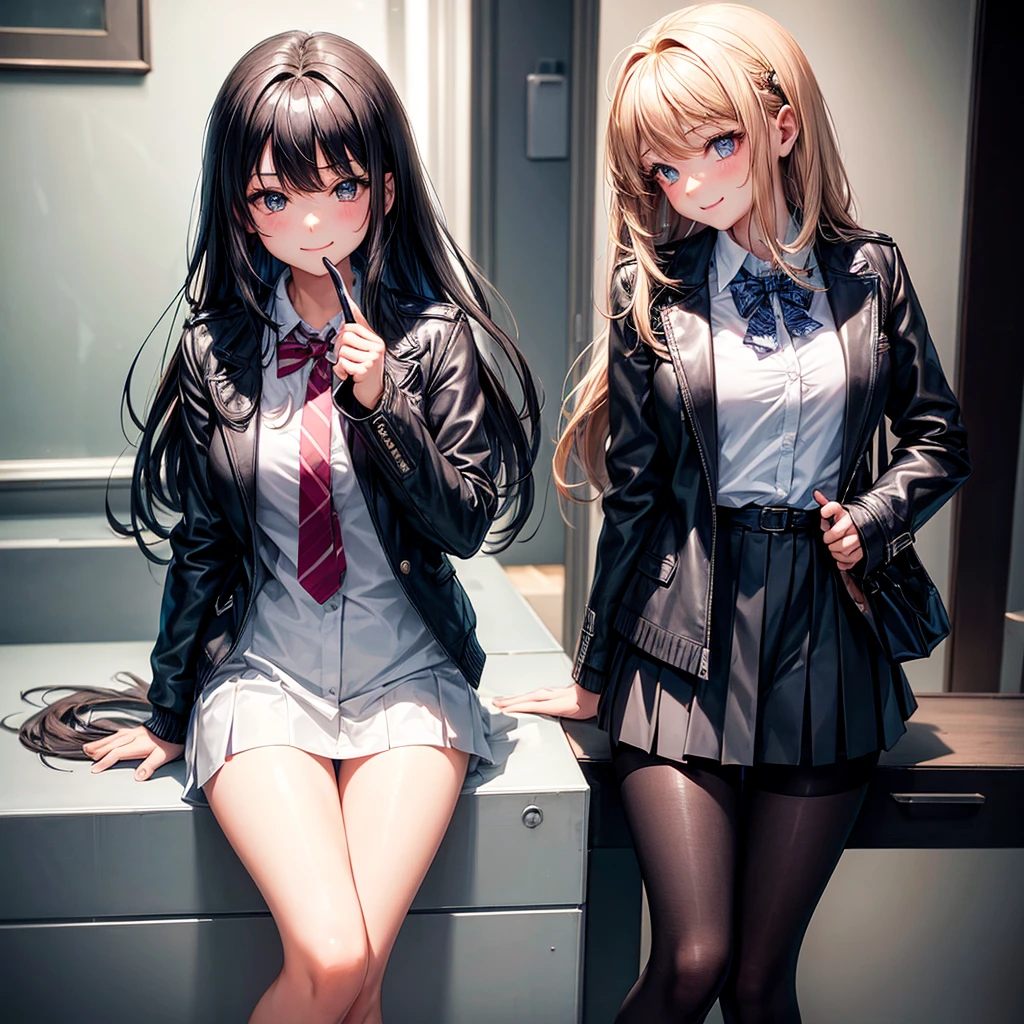 middle School girls，smile，Beautiful girlultiple girls，Angelic beautiful girl，leather jacket，未来のuniform，The best quality to get you horny，Perfect Girl，Super cute girl，uniform，blazer，cardigan，Long Hair、She has her bangs down，Ultra HD，Young girl，sex，Naughty Girls，Blowjob，Full body image，Absurd，Beautiful girls，The room，