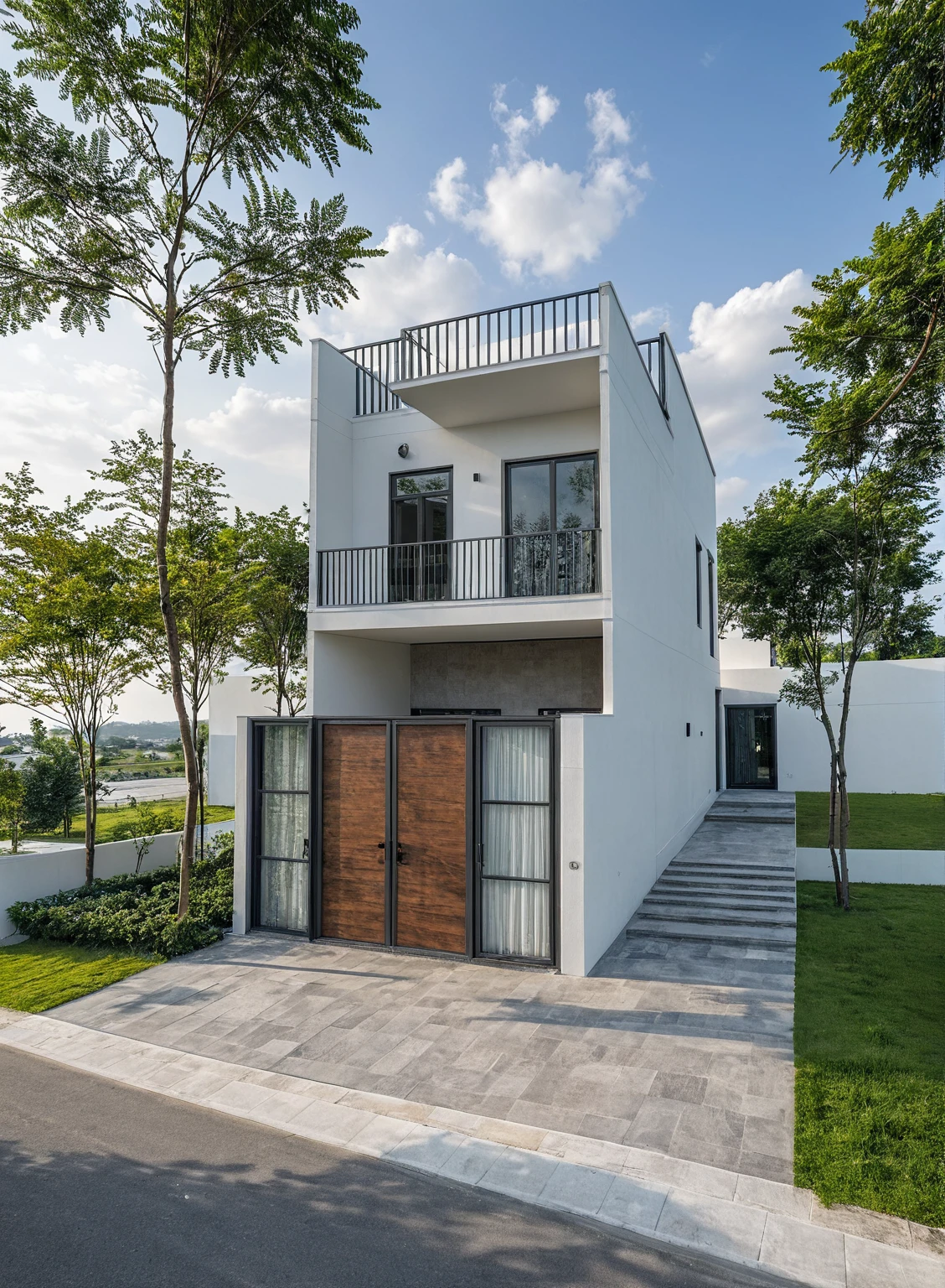 Masterpiece, high quality, best quality, authentic, super detail, outdoors, onestoreyvillaXL, aiaigroup, house style modern on the street ,stairs, white wall ,road,pavement, grass, trees, sky, cloud, (daylight:1.1)