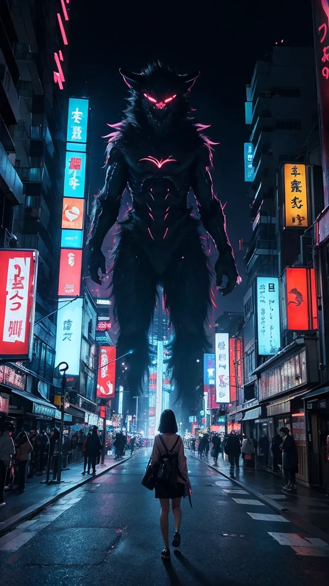 A gigantic unknown monster suddenly appearing in the city center.""A young Japanese woman walking through neon-lit streets in futuristic attire, with the monster's shadow looming behind her."