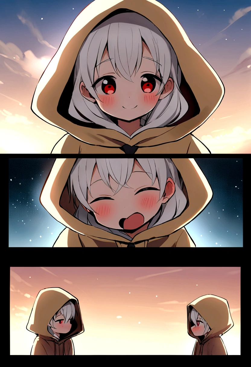 ((A boy))，adorable captivating, white hair , red eyes , white albine skin , boy , in hood He is smiling , showing the tongue ,The blush gradually rises, But handsome。, boy , 1boy ,The picture style is fresh and simple，Rendered like a comic，The lens is shown as a vista，8k , （Anime style+Soft cute），Anatomically correct，Accurate