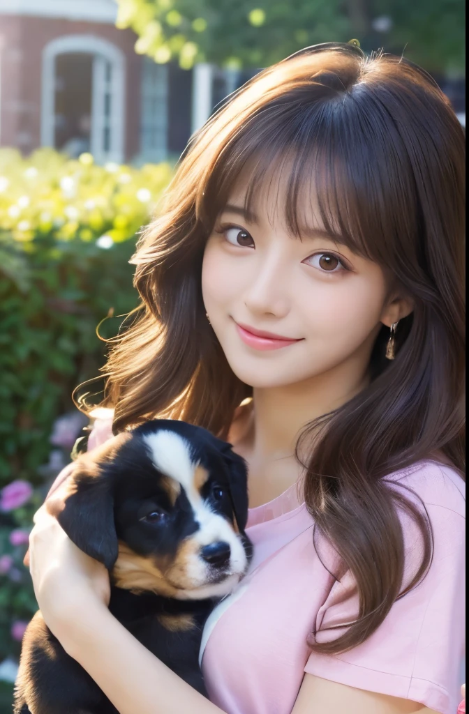 (masterpiece:1.2,Highest quality),Blur the background,1 female college student,((Cute casual clothes)),((Holding a puppy)),Puppy and kiss,Wavy Hair,((Beautiful Eyes)),Blushed,Healthy Skin,(smile),garden,8K resolution