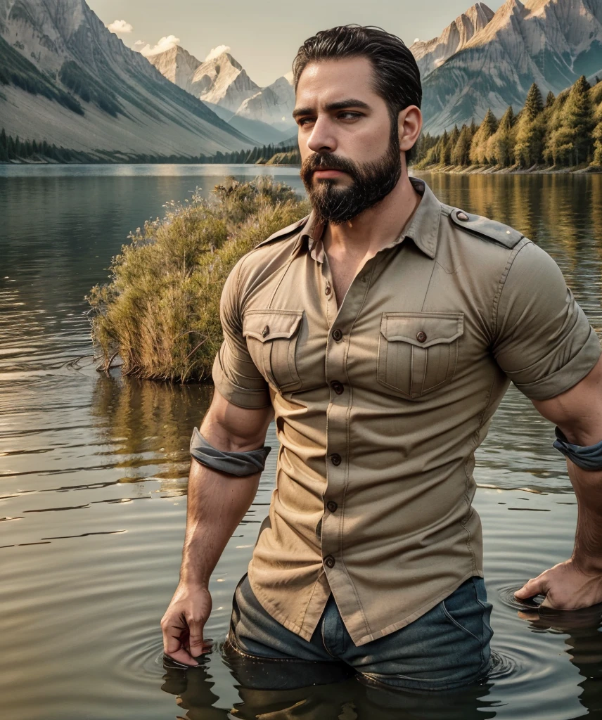 man with a beard and military shirt, standing at the edge of a lake, extremely handsome. (best quality,4k,8k,highres,masterpiece:1.2),ultra-detailed,(realistic,photorealistic,photo-realistic:1.37), detailed eyes, detailed lips, brown beard, muscular, confident expression, retro style, dramatic lighting, vibrant colors, peaceful and serene atmosphere, reflections on the water, symmetrical composition, crisp focus, golden hour lighting, calm and clear water, mountains in the background, lush greenery, picturesque scenery, stylish outfit, rugged and masculine appearance, contemplative pose, strong and toned physique.