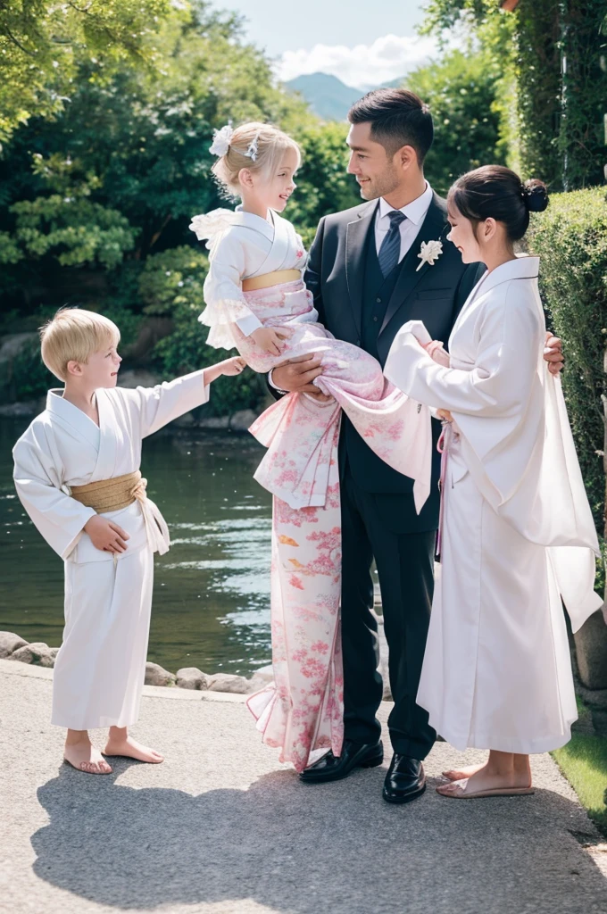 ,White people,kimono,Mermaid Skirt,Fluttering,Frills,4 people,luxury,whole body,2 children,family,Blonde,Side by side,2 children,front,