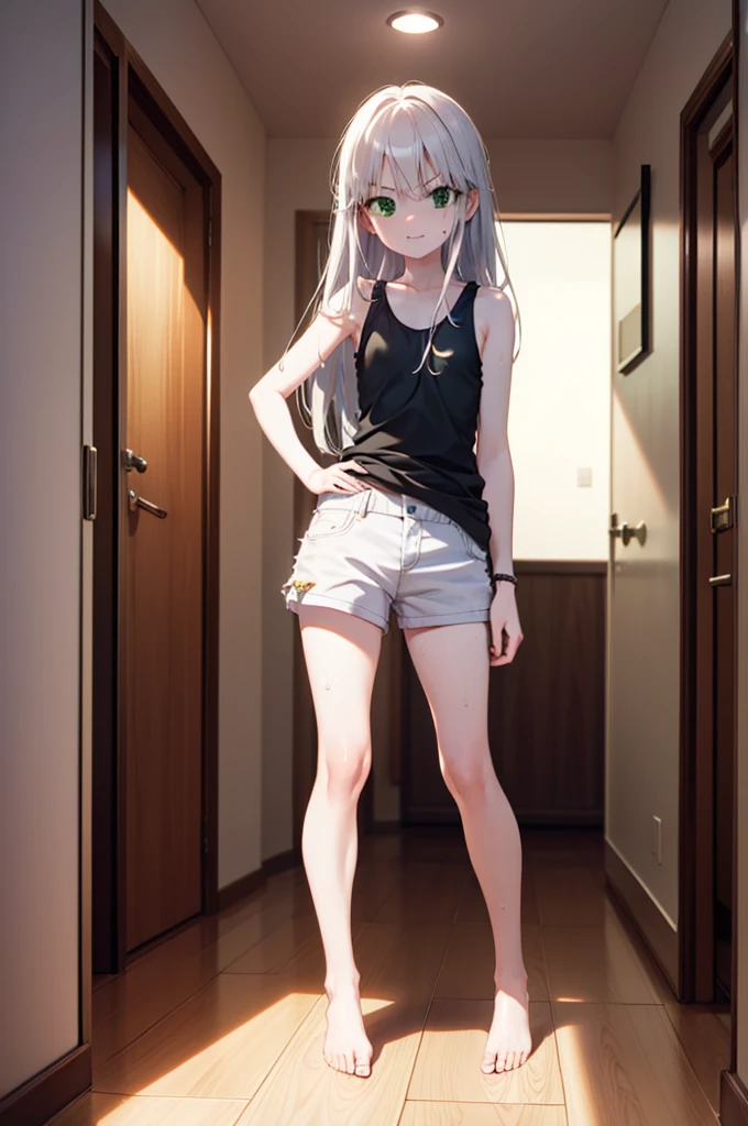 index, index, (Green Eyes:1.5), Silver Hair, Long Hair, (Flat Chest:1.2),smile,Angry,Sweat,Sheer white tank top,Shorts,barefoot,barefoot,Place your hands on your hips,Standing with your legs apart,
break looking at viewer, whole body,
break indoors, Home,entrance,
break (masterpiece:1.2), Highest quality, High resolution, unity 8k wallpaper, (figure:0.8), (Beautiful attention to detail:1.6), Highly detailed face, Perfect lighting, Highly detailed CG, (Perfect hands, Perfect Anatomy),