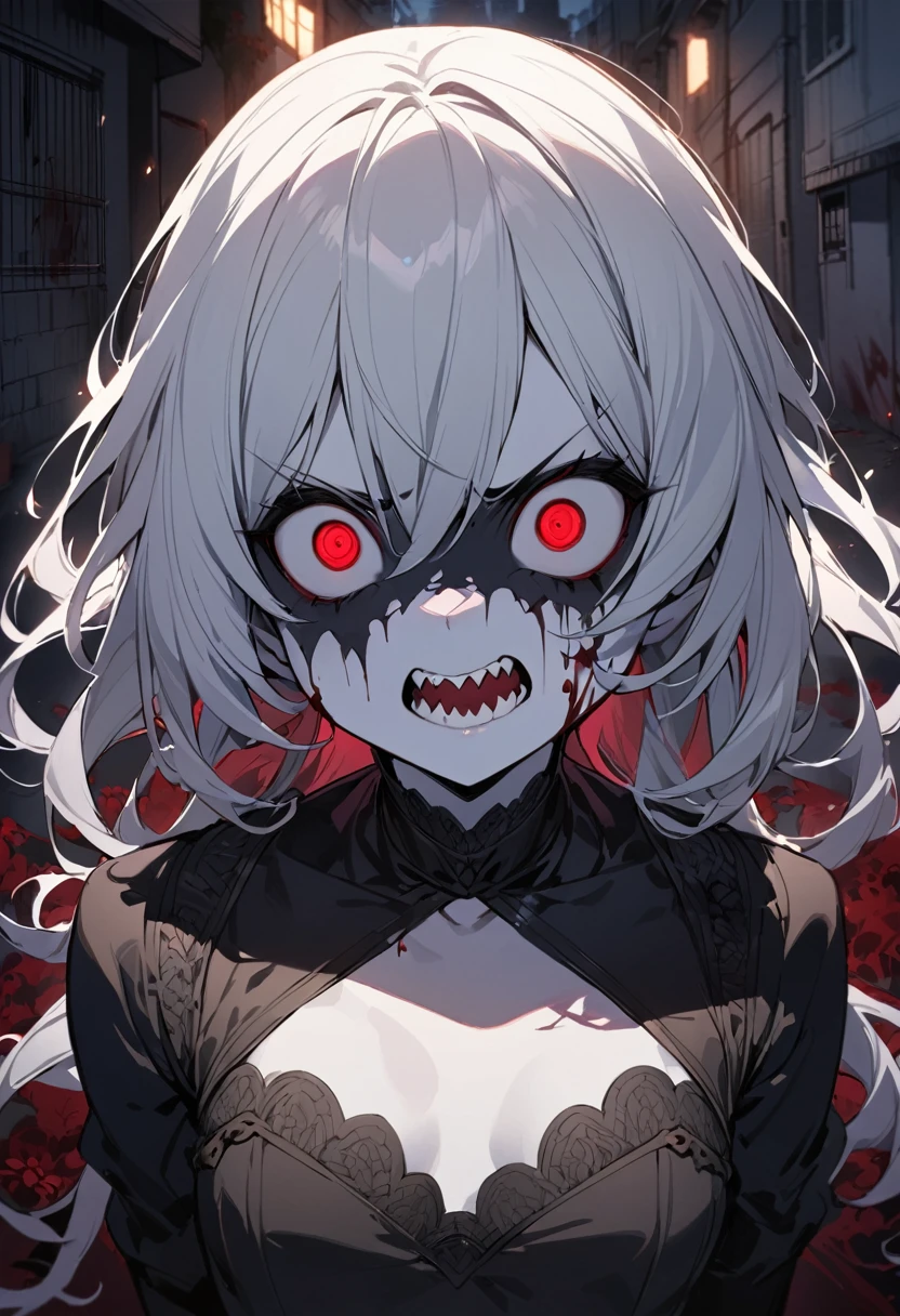 ((best quality)), ((masterpiece)), (detailed), 1girl, ((portrait)), drow, black makeup,(black dress), briar, (night), back alley, ((pale skin)), sharp teeth, ((small breasts)), solo, (crazy eyes), white hair, angry, blood, evil, frills,