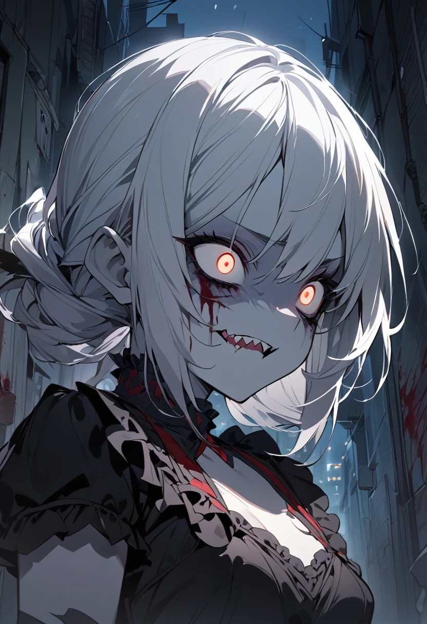 ((best quality)), ((masterpiece)), (detailed), 1girl, ((portrait)), drow, black makeup,(black dress), briar, (night), back alley, ((pale skin)), sharp teeth, ((small breasts)), solo, (crazy eyes), white hair, angry, blood, evil, frills,