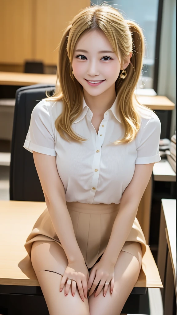 Highest quality、Highest quality、、masterpiece、Golden Hair、Blonde Hair、High Ponytail、Gal、summer、smile、Young Japanese Woman、White shirt、Office Lady、Slightly larger breasts、Sexy look、Tight Skirt、Beautiful legs、Sexy pose