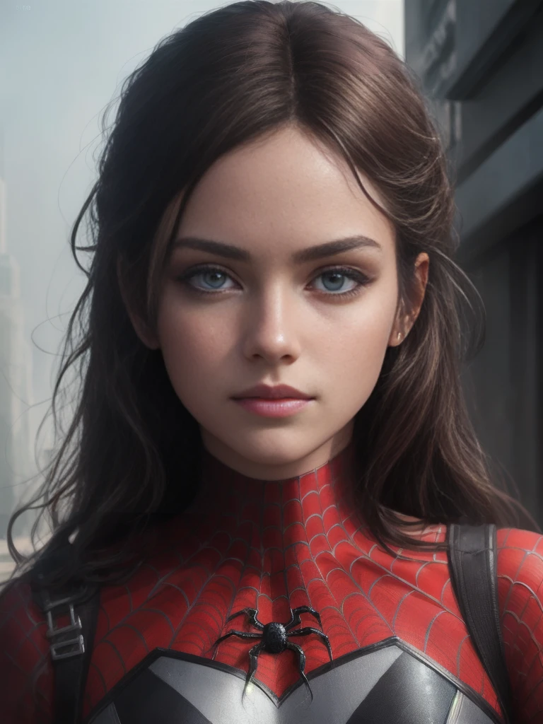 (1girl:1.3), Solo, (((Very detailed face)))), ((Very detailed eyes and face)))), Beautiful detail eyes, Body parts__, Official art, Unified 8k wallpaper, Super detailed, beautiful and beautiful, beautiful, masterpiece, best quality, original, masterpiece, super fine photo, best quality, super high resolution, realistic realism, sunlight, full body portrait, amazing beauty, dynamic pose, delicate face, vibrant eyes, (from the front), She wears Spider-Man suit, red and black color scheme, spider, very detailed city roof background, rooftop, overlooking the city, detailed face, detailed complex busy background, messy, gorgeous, milky white, highly detailed skin, realistic skin details, visible pores, clear focus, volumetric fog, 8k uhd, DSLR, high quality, film grain, fair skin, photo realism, lomography, futuristic dystopian megalopolis, translucent