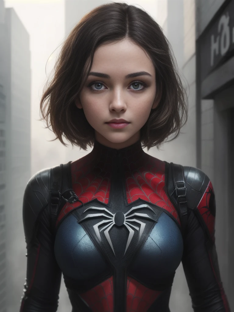 (1girl:1.3), Solo, (((Very detailed face)))), ((Very detailed eyes and face)))), Beautiful detail eyes, Body parts__, Official art, Unified 8k wallpaper, Super detailed, beautiful and beautiful, beautiful, masterpiece, best quality, original, masterpiece, super fine photo, best quality, super high resolution, realistic realism, sunlight, full body portrait, amazing beauty, dynamic pose, delicate face, vibrant eyes, (from the front), She wears Spider-Man suit, red and black color scheme, spider, very detailed city roof background, rooftop, overlooking the city, detailed face, detailed complex busy background, messy, gorgeous, milky white, highly detailed skin, realistic skin details, visible pores, clear focus, volumetric fog, 8k uhd, DSLR, high quality, film grain, fair skin, photo realism, lomography, futuristic dystopian megalopolis, translucent