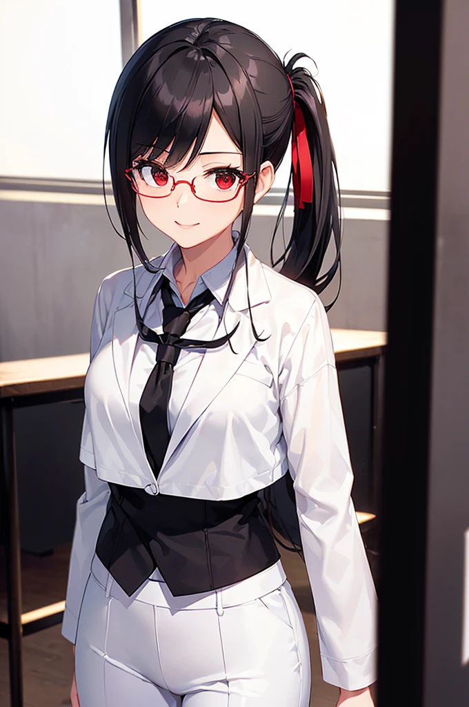 (masterpiece; best quality: 1.2), (finely detailed eyes: 1.3), ((25 year old woman)), ((solo)), (red eyes: 1.4), (body; slender, lithe, femenine: 1.3), (black hair in low ponytail: 1.3), (beautiful and clear background: 1.2), ((depth of field)), (equipment: white open labcoat + black shirt + white tie + white pants + black square glasses: 1.3), (anime illustration: 1.2), (background composition; japanese highschool classroom + furniture: 1.1), (extremely fine and beautiful: 1.1), (shot composition; standing + centered on torso + close-up: 1.5), (expression; calm, smile: 1.2)