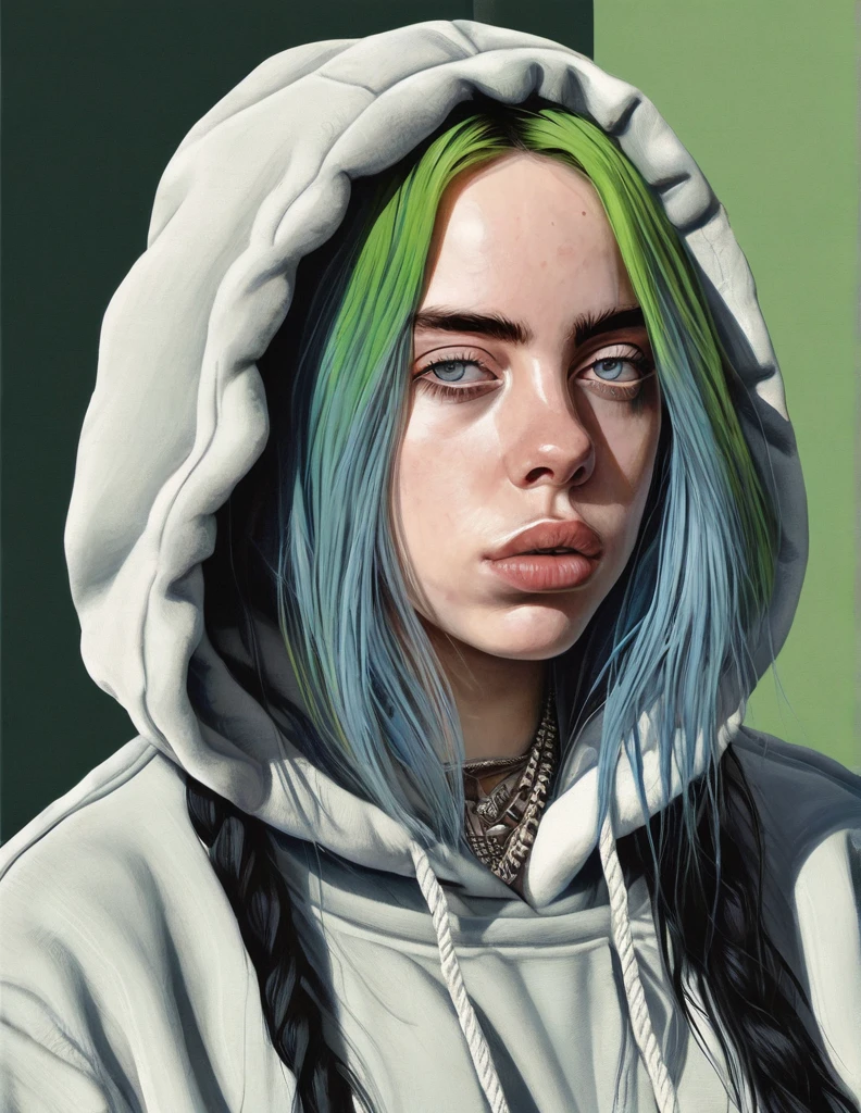 A realistic portrait of Billie Eilish: a young woman with pale skin, striking blue eyes, and dyed hair (green roots fading to black). She is wearing oversized streetwear, such as a loose-fitting hoodie and baggy pants. Her expression is a mix of confidence and introspection. The background is simple and doesn't distract from her. Emphasis on her unique style and presence, with huge breasts, erotic pose 