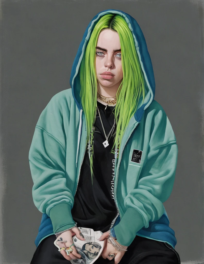 A realistic portrait of Billie Eilish: a young woman with pale skin, striking blue eyes, and dyed hair (green roots fading to black). She is wearing oversized streetwear, such as a loose-fitting hoodie and baggy pants. Her expression is a mix of confidence and introspection. The background is simple and doesn't distract from her. Emphasis on her unique style and presence, with huge breasts, erotic pose 