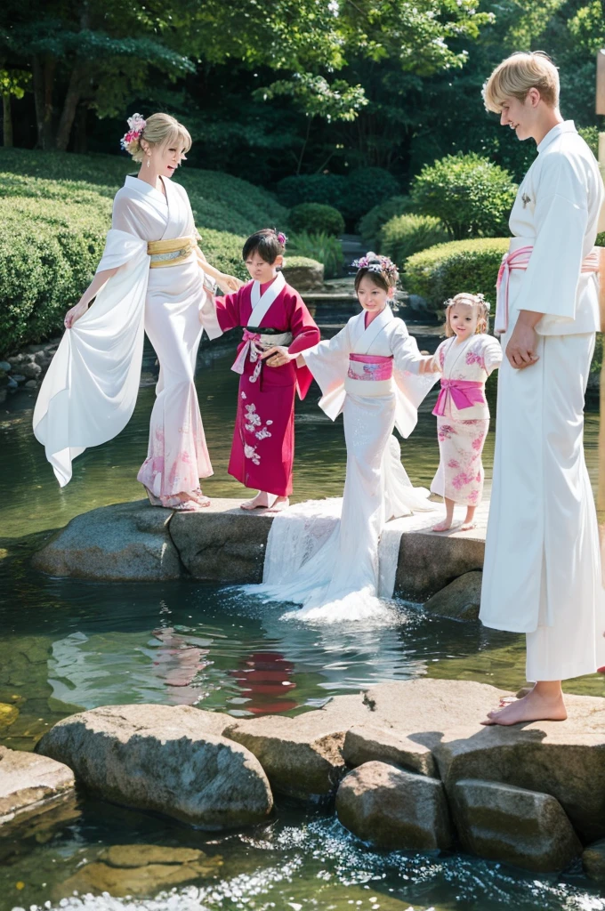 ,White people,kimono,Mermaid Skirt,Fluttering,Frills,4 people,luxury,whole body,2 children,family,Blonde,Side by side,2 children,