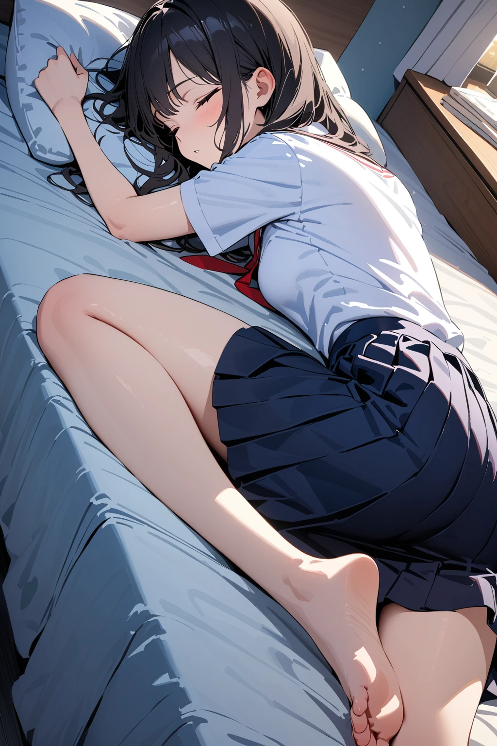 (masterpiece, best quality:1.5), (ultra detailed, high resolution, 8k, beautiful detailed, UHD, best anatomy), black hair, small breasts, 1 junior high school girl, barefoot, bed room, night,  flared skirt, short-sleeve  shirt, Red thin tie, closed eyes, put one's head on a pillow, Lying on the bed, side angle