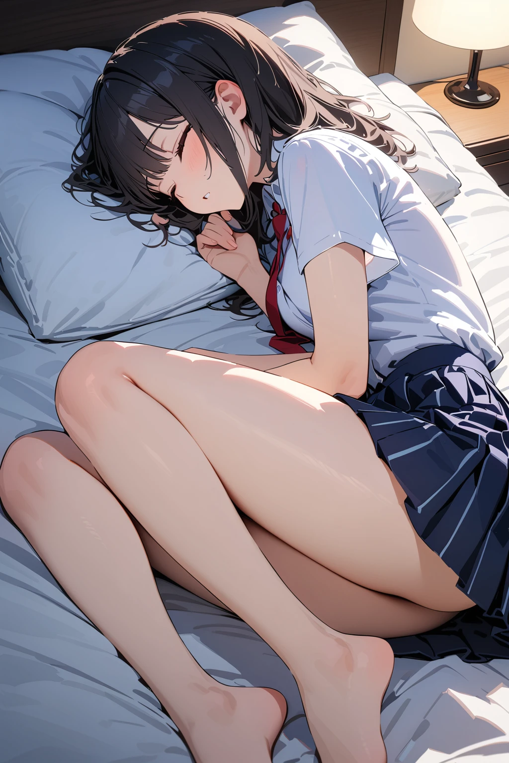 (masterpiece, best quality:1.5), (ultra detailed, high resolution, 8k, beautiful detailed, UHD, best anatomy), black hair, small breasts, 1 junior high school girl, barefoot, bed room, night, flared skirt, short-sleeve shirt, Red thin tie, closed eyes, put one's head on a pillow, Lying on the bed, side angle