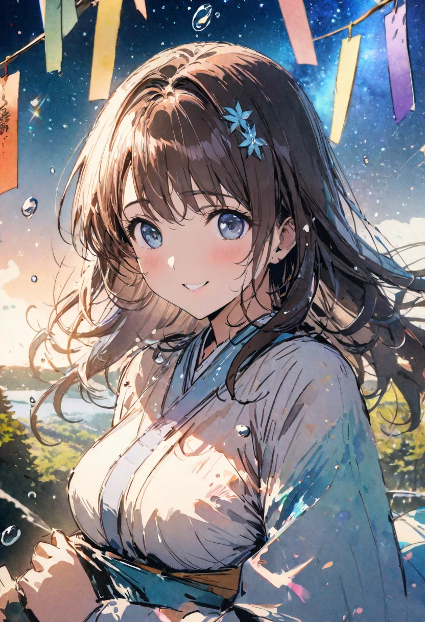 masterpiece,highest quality,ultra-detailed,high-definition background,8K,hi-res,high quality,BREAK,Water Drop,girl, japanese manga style, sketch, Watercolor Colors.Tanabata.milky way、((Orihime and Hikoboshi:1.5))、A radiant smile、Smile、Star of the sky、Mysterious Forest、Fantastic landscape、Fairy's Feast、spring