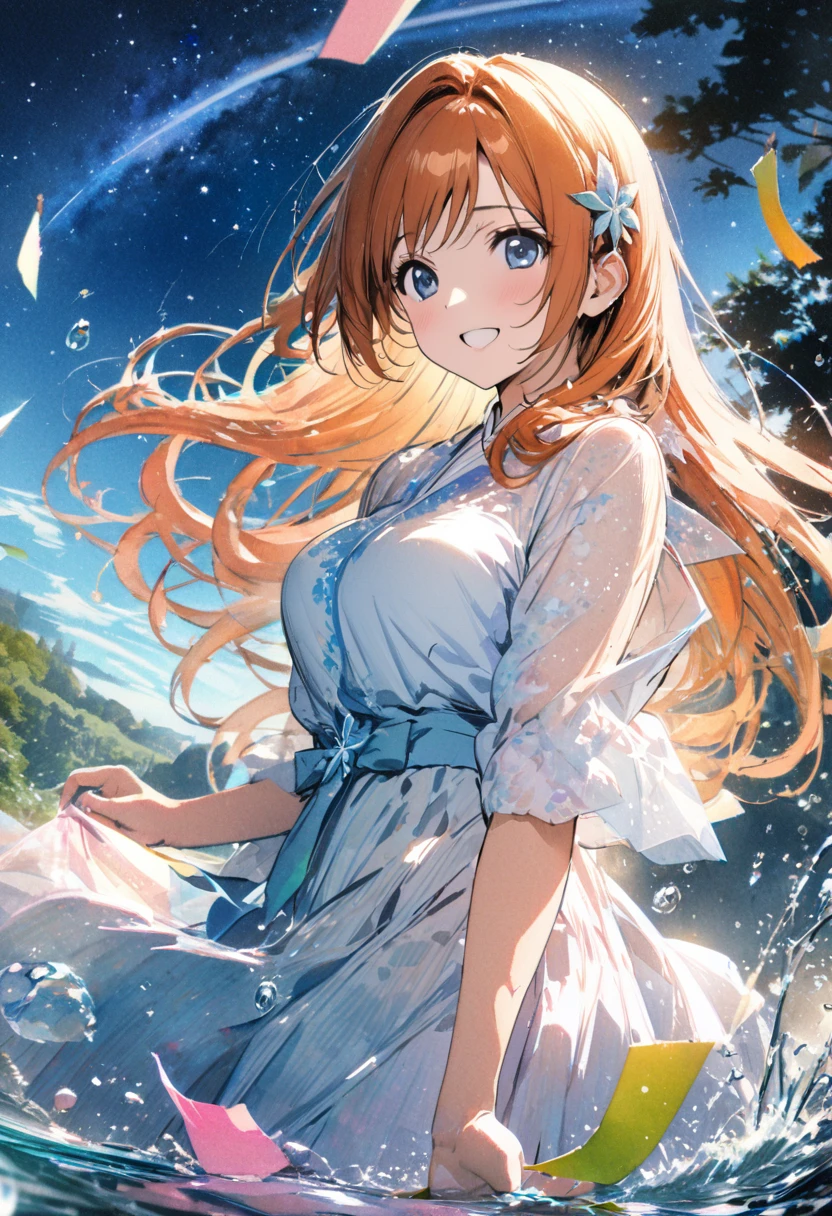 masterpiece,highest quality,ultra-detailed,high-definition background,8K,hi-res,high quality,BREAK,Water Drop,girl, japanese manga style, sketch, Watercolor Colors.Tanabata.milky way、((Orihime and Hikoboshi:1.5))、A radiant smile、Smile、Star of the sky、Mysterious Forest、Fantastic landscape、Fairy's Feast、spring