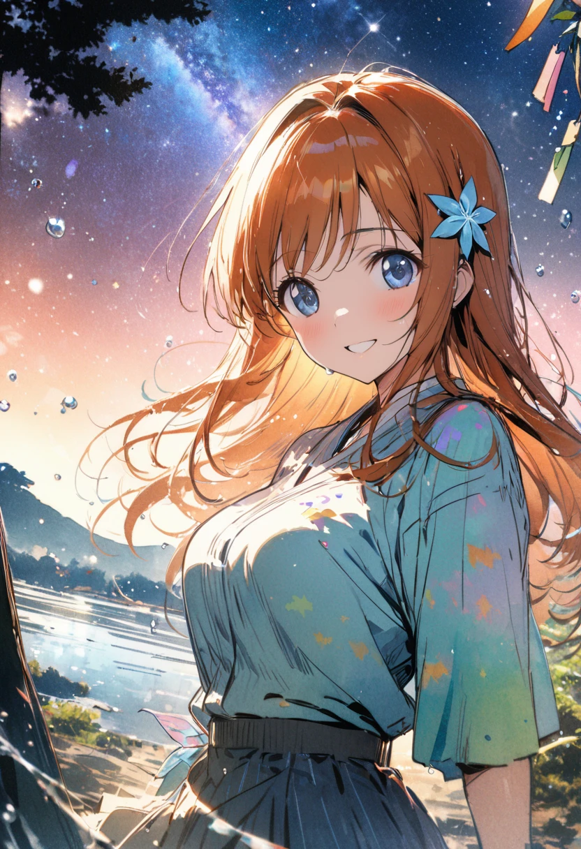 masterpiece,highest quality,ultra-detailed,high-definition background,8K,hi-res,high quality,BREAK,Water Drop,girl, japanese manga style, sketch, Watercolor Colors.Tanabata.milky way、((Orihime and Hikoboshi:1.5))、A radiant smile、Smile、Star of the sky、Mysterious Forest、Fantastic landscape、Fairy's Feast、spring
