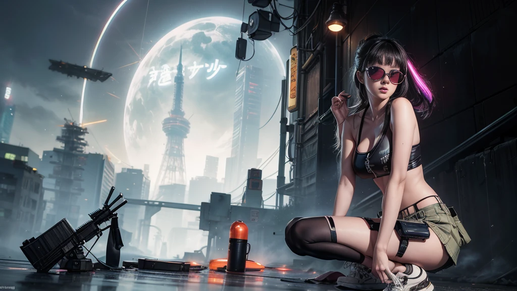 8k, Realistic Skin Texture, Realistic Photo, Neo Tokyo, slim women, large-breast:1.4 cleavage:1.3, AD2050 at night, Dirty hunting jacket, Wearing tube top, miniskirt, (((black sunglasses, automatic rifle, sneakers, cold, shooting pose, very low angle view))), Innovative composition, revenge, cyberpunk, blade runner worldview, Large neon sign, Geisha hologram sign, Strong Wakamoto Sign.