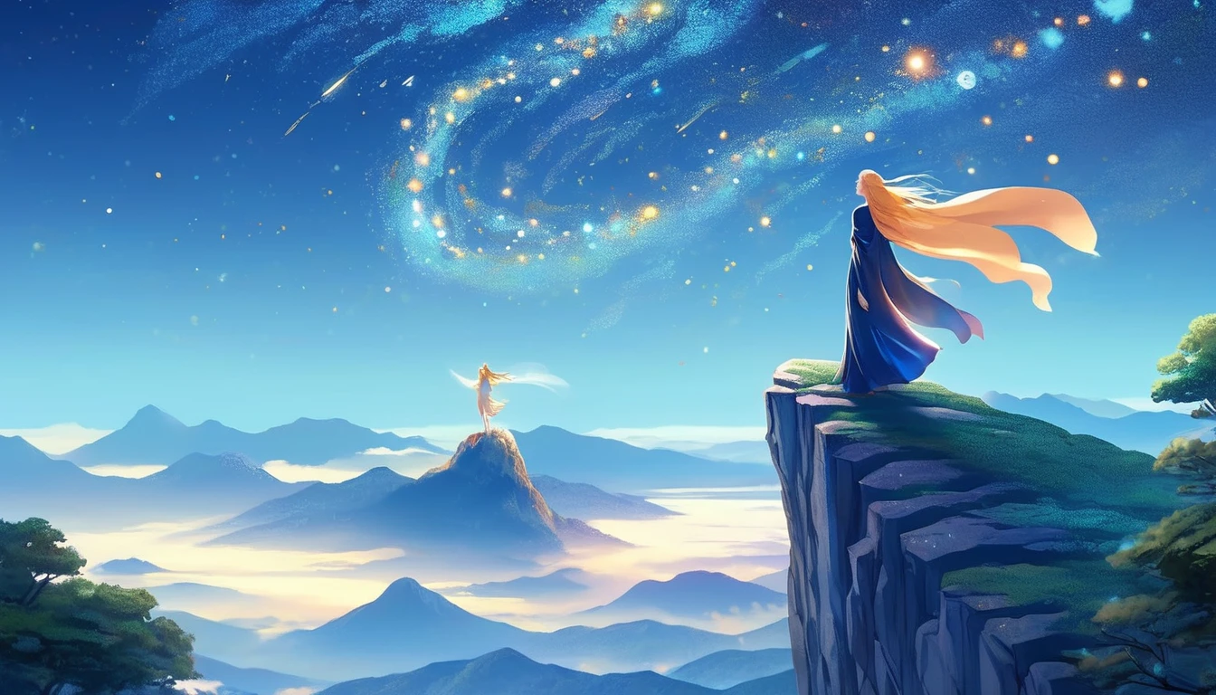 Cai GuoRUN's illustration style, 1girl, A woman in a long skirt stands on a cliff and looks up at the starry sky, Goddess of space, Milky Way Goddess, Goddess of Heaven, Astral Ethereal, dream, Beautiful celestial wizard, Beautiful fantasy painting, Beautiful fantasy art, Ethereal fantasy, Very Beautiful fantasy art, Digital Art Fantasy, enchanting and otherworldly, Fantasy Beauty, The beautiful art of Octane UHD 8k rendering, Volumetric Light, Natural soft light, (Ultra-delicate:1.2, Loss of focus:1.2, Colorful, Movie Lighting, Ray Tracing), Super rich, Ultra Detailed, 1cgrssh1, Chiaroscuro, masterpiece, 8k