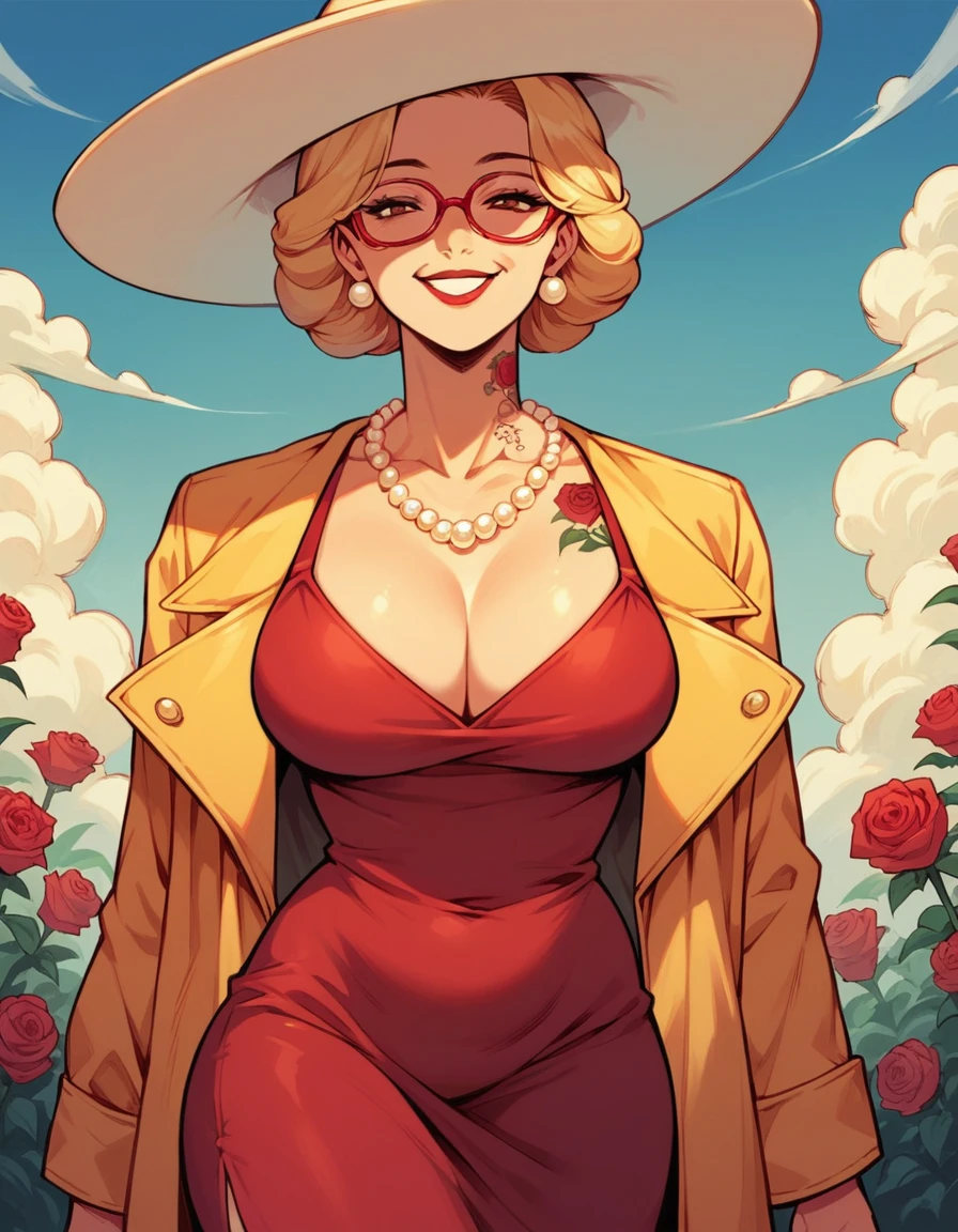 blonde hair woman, milf, several golden pearl necklaces, long necklaces, red glasses, roses tattoos covering the entire body, thin chin, red dress, red big hat, yellow  jacket, friendly, smile