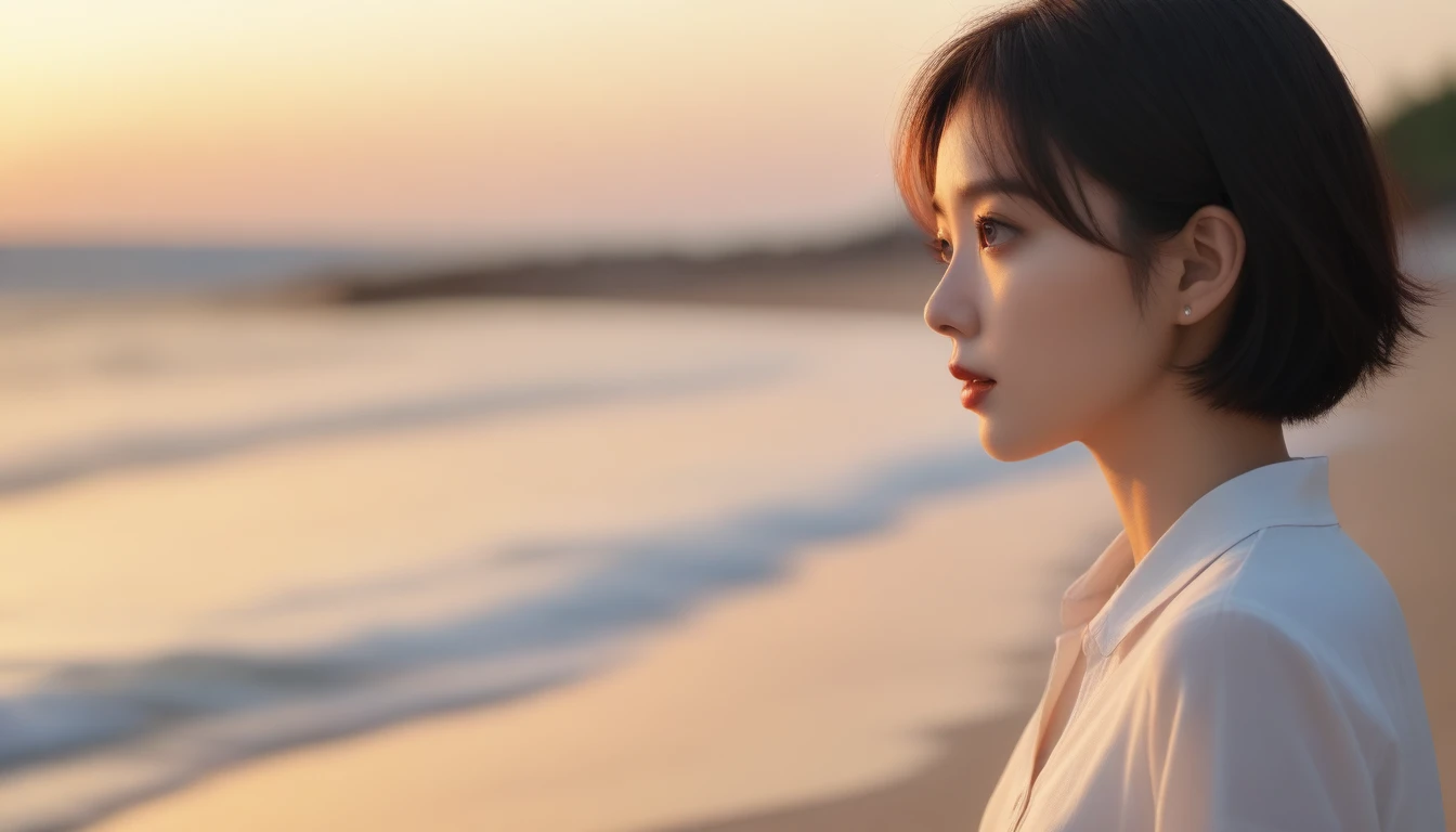 K Realistic, living photos, Realistic appearance of nature, , Side view looking out to sea on the beach at sunset. Close-up beautiful woman look , Side view of an Asian woman wearing a light skirt, burning sunset light, short medium hair, 1 woman, big living eyes, uhd