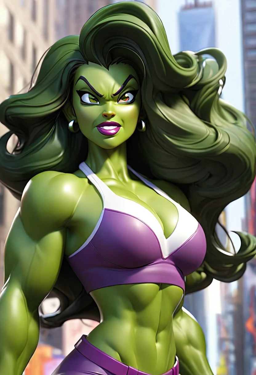 she hulk in new york city big-boobs and abs smile eyes and eyebrow normally
