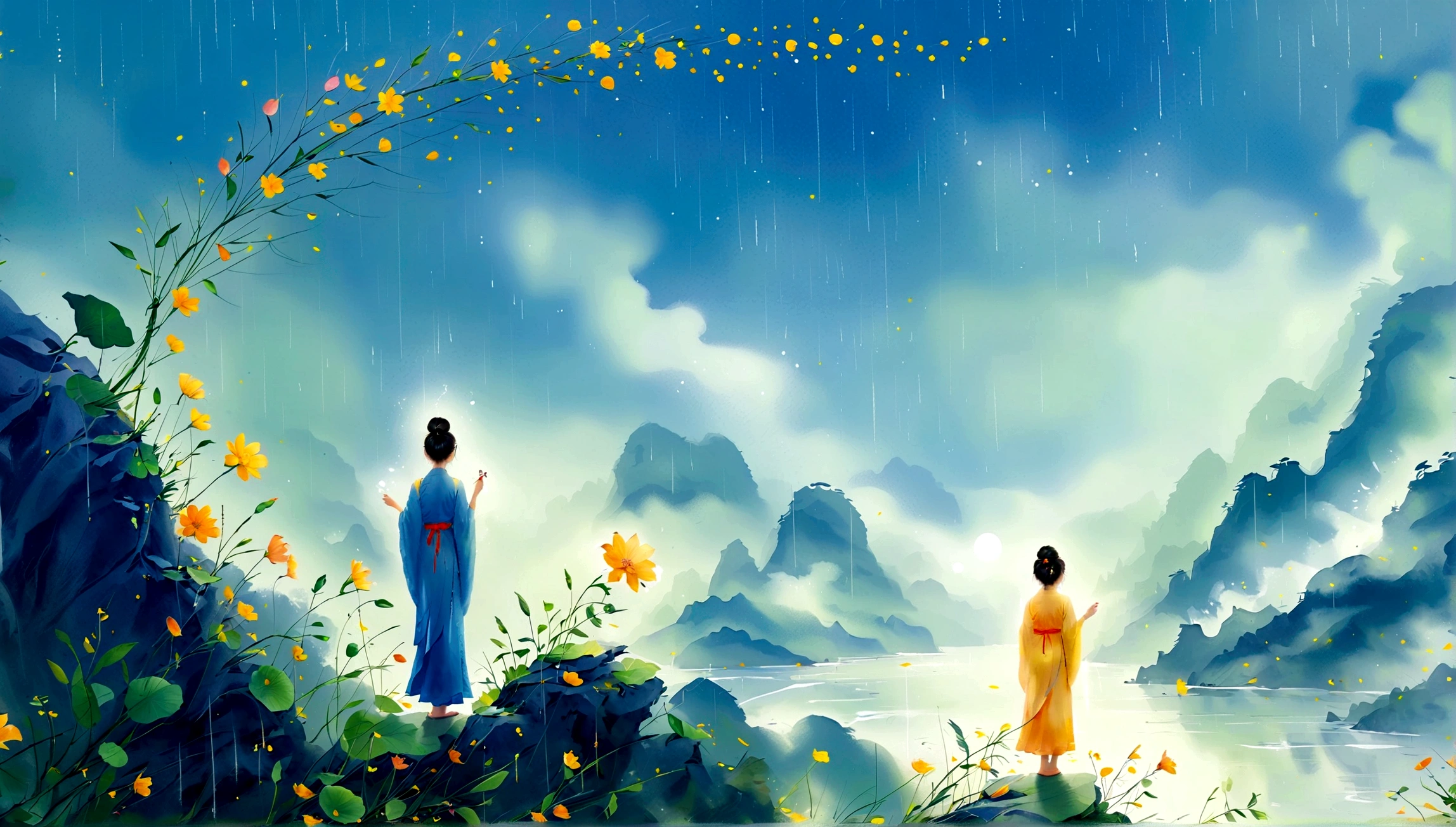 Cai GuoRUN's illustration style, 1girl, A woman in a long skirt stands on a cliff and looks up at the starry sky, Goddess of space, Milky Way Goddess, Goddess of Heaven, Astral Ethereal, dream, Beautiful celestial wizard, Beautiful fantasy painting, Beautiful fantasy art, Ethereal fantasy, Very Beautiful fantasy art, Digital Art Fantasy, enchanting and otherworldly, Fantasy Beauty, The beautiful art of Octane UHD 8k rendering, Volumetric Light, Natural soft light, (Ultra-delicate:1.2, Loss of focus:1.2, Colorful, Movie Lighting, Ray Tracing), Super rich, Ultra Detailed, 1cgrssh1, Chiaroscuro, masterpiece, 8k