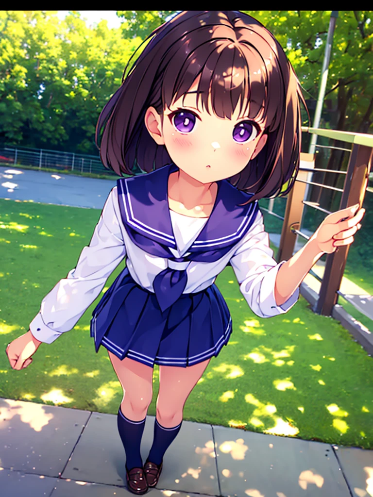 (High quality), (masterpiece), (very detailed), girl, (very small bust), short brown hair, purple eyes, shy face, (primary school ****), showing her thighs, on the school yard, sunny, camera angle from below, adorable eyes, (primar school uniform)