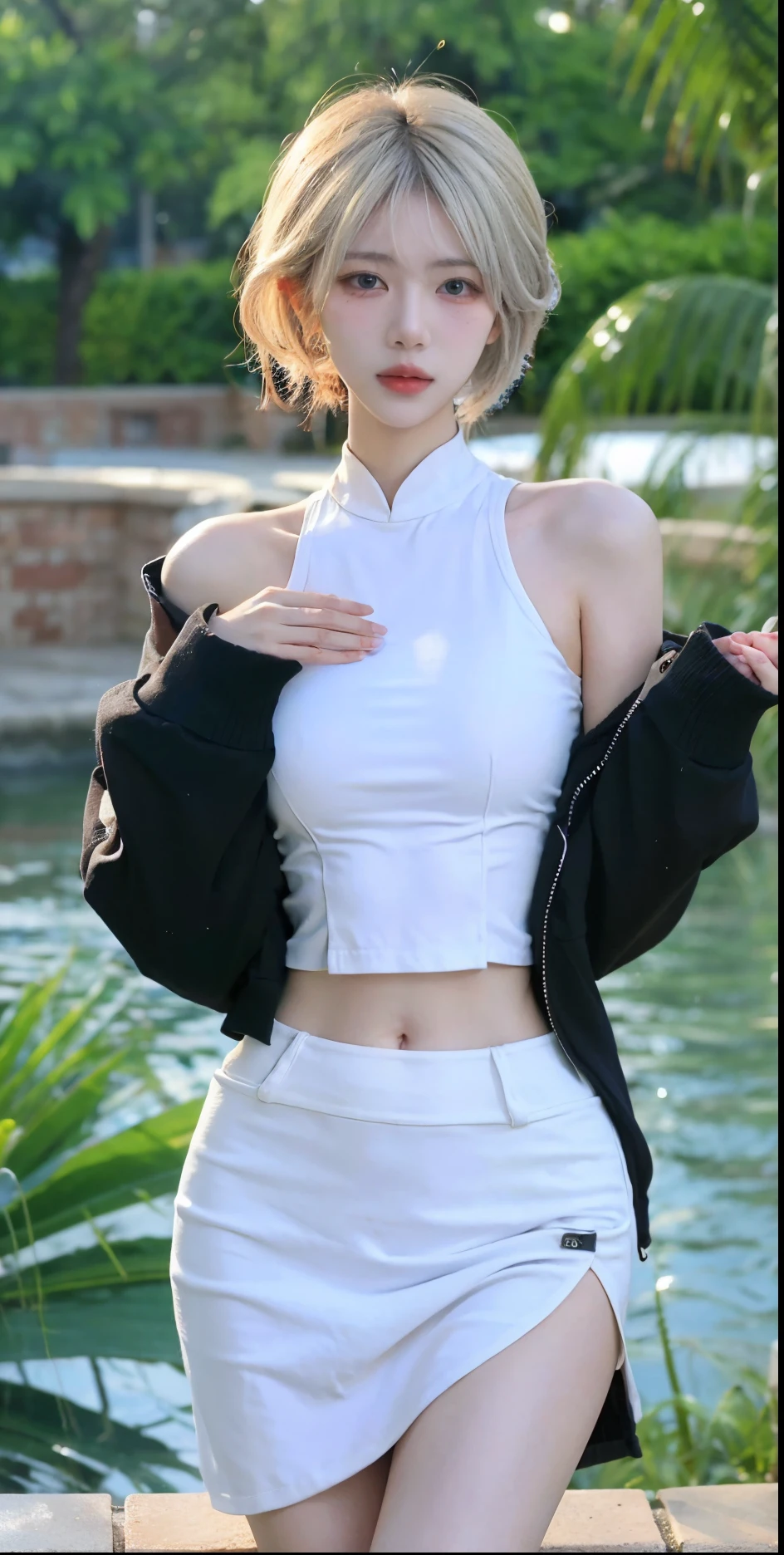 Beautiful woman with perfect figure:1.4,Swimming background,Desert Background,Ultra-high resolution,Seductive laughter,wear glasses,White legs,(lifelike:1.4),Layered Hairstyle,White skin,Black mini pleated skirt,whole body,Very delicate face and skin texture,Double eyelids,Skin Whitening,Long hair,White hair,White,