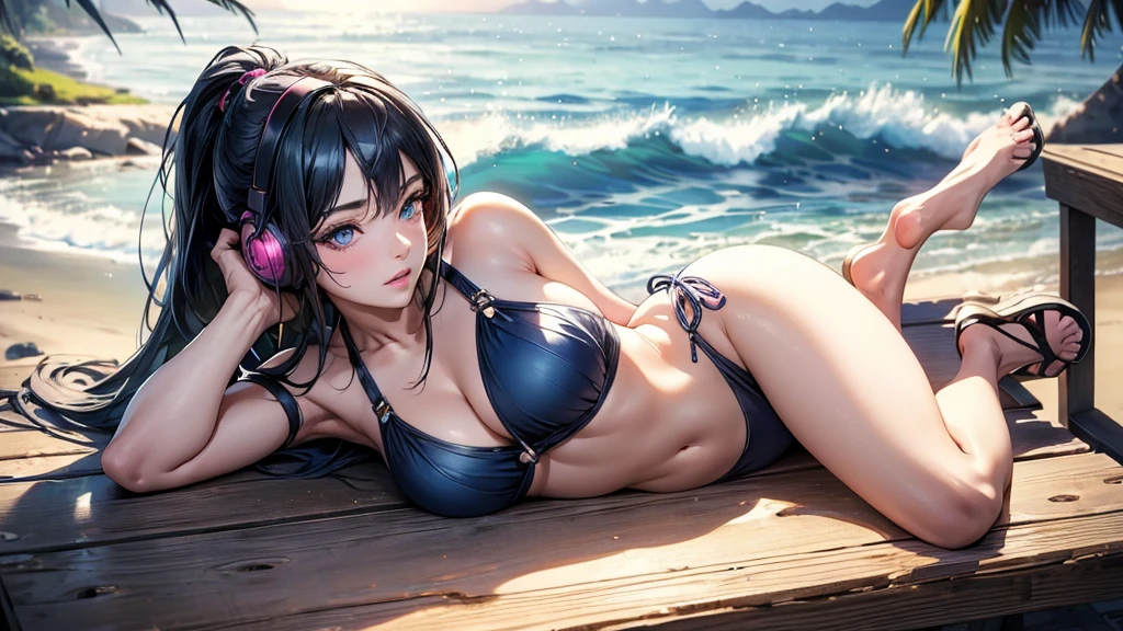 (best quality,4k,8k,highres,masterpiece:1.2),ultra-detailed,(realistic,photorealistic,photo-realistic:1.37),HDR,UHD,studio lighting,ultra-fine painting,sharp focus,physically-based rendering,extreme detail description,professional,vivid colors,bokeh,portraits,anime,photography,pink tones,warm sunlight lighting 1girl, solo, detailed eyes, detailed lips, extremely detailed eyes and face, long eyelashes, long dark blue hair in a ponytail with side bangs, headphones, two piece rainbow bikini and sandals, beach party background, sitting at a table