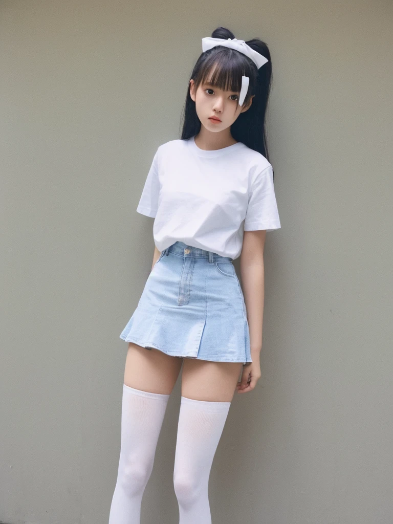 A woman wearing white knee-high socks、White T-shirt、White mini skirt、Japanese、Standing posture、The whole body is in it、Highest quality、