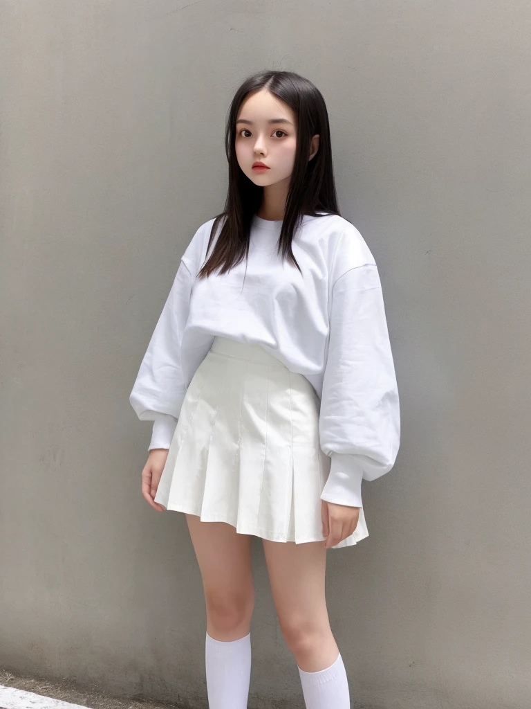 A woman wearing white knee-high socks、White T-shirt、White mini skirt、Japanese、Standing posture、The whole body is in it、Highest quality、