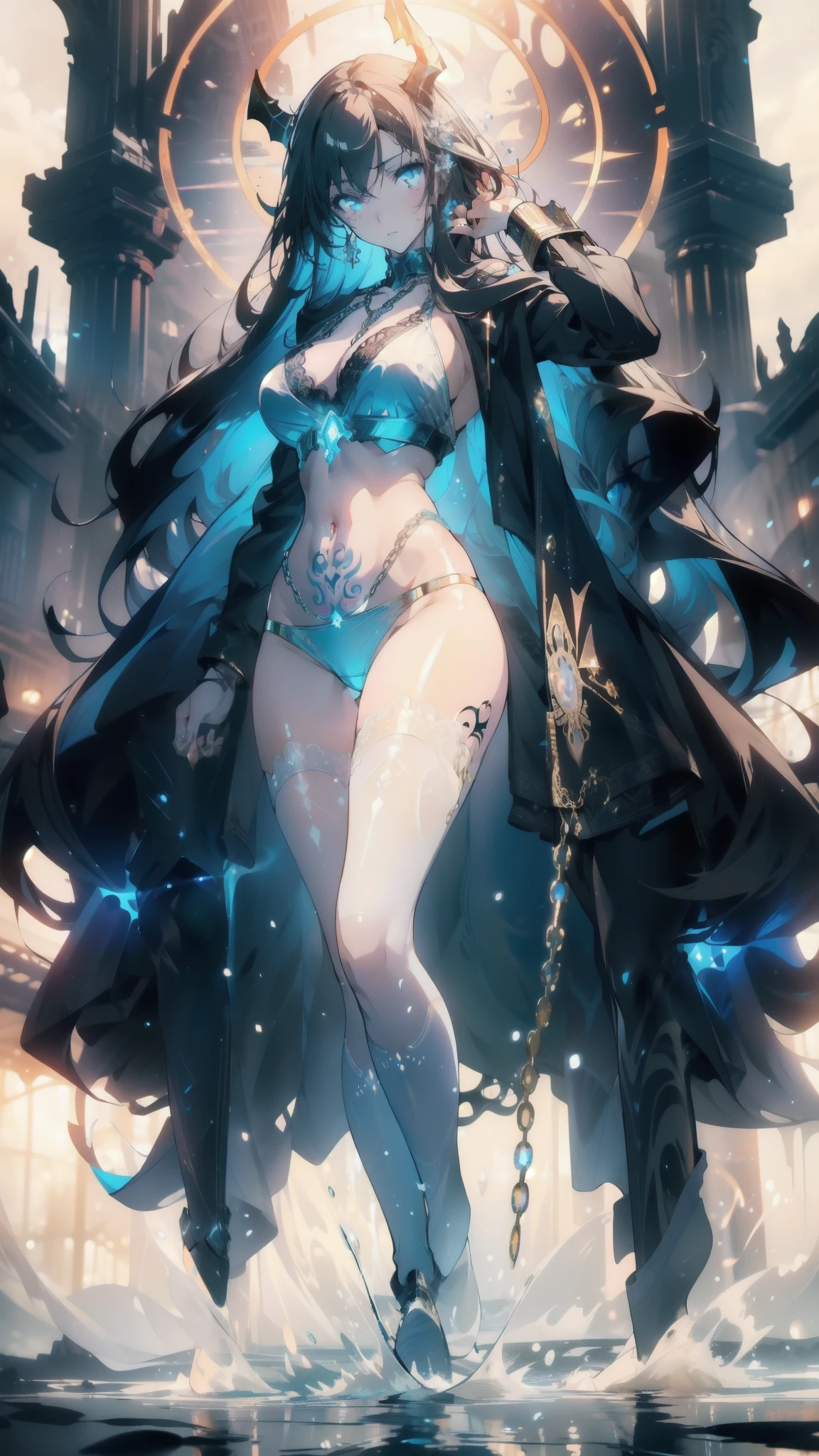 ((masterpiece, best quality)), Epic battlefield atmosphere,Delicate face,Succubus,whole body,Standing picture,glowing golden eyes,Large Breasts,Gradient white long wavy hair,Perfect body proportions,Pure white background,Fluorescence,firefly,Water Ripples,Lace,Transparent sex bikini,Tattoo,chain