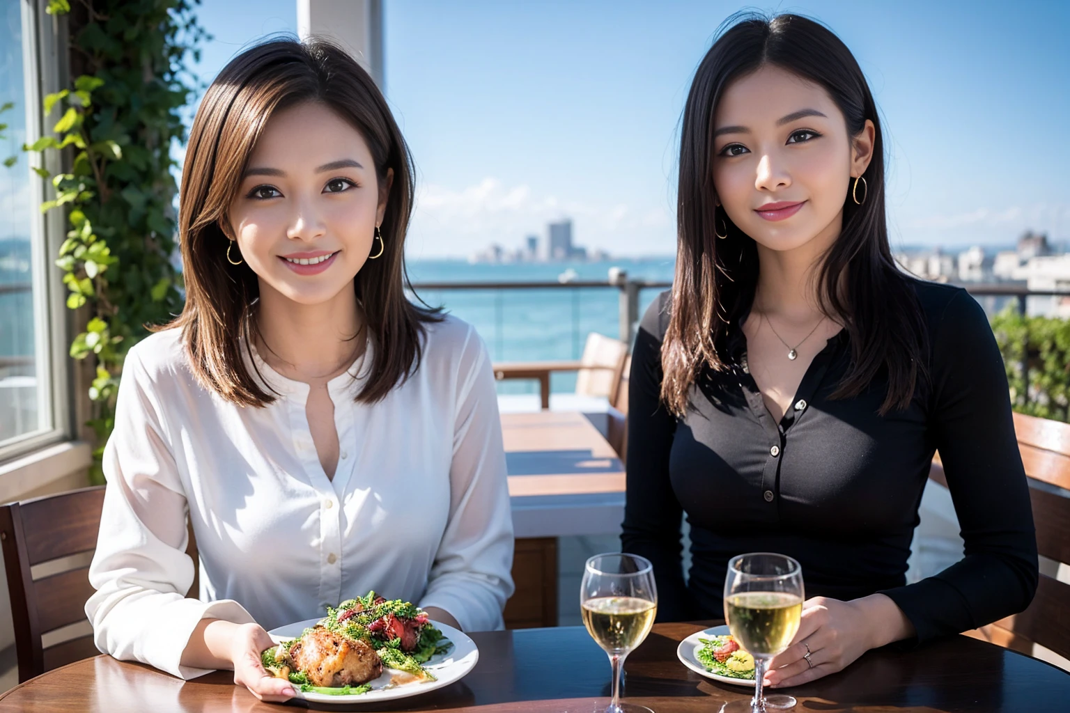 ((Highest quality、8K、masterpiece:1.3))、Yuuko Araki、slimカップル、ピンクmodelカップル、(Realistic, Intricate details:1.2), full-course dinner、Wine Party、Amazing view of the sunset sky and clouds、A bright smile、The wonderfulness of smile、Bright image、The beauty of wine, Beautiful Face, blue eyes, The light shines on your face, Blushing, short hair,Bright Face、42 years old), 39 years old, red wine 、Appetizers、Italian food、Wine bottle、Champagne、sparkling wine、Two beauties、Brown Hair、Shortcuts、Long sleeve shirt、dress、Beautiful woman 1, (slimな顔), (The body is slim), (Brown Hair), (Shortcuts), cheeks turn a little red,Attractive beauty、restaurant, In a prominent place (From the waist up) Nova Frog Style, actress, model, Upper Body, White wine, slim, wine glass, 中央に置かれたwine glass, smile, (smile: 1.15), Beautiful fine grain, Depth f/2,saturation, High Contrast, Strong light and shadow,Moist Body:1.5、3D texture、Delicate eyes、Brown Hair、The hair is very shiny、