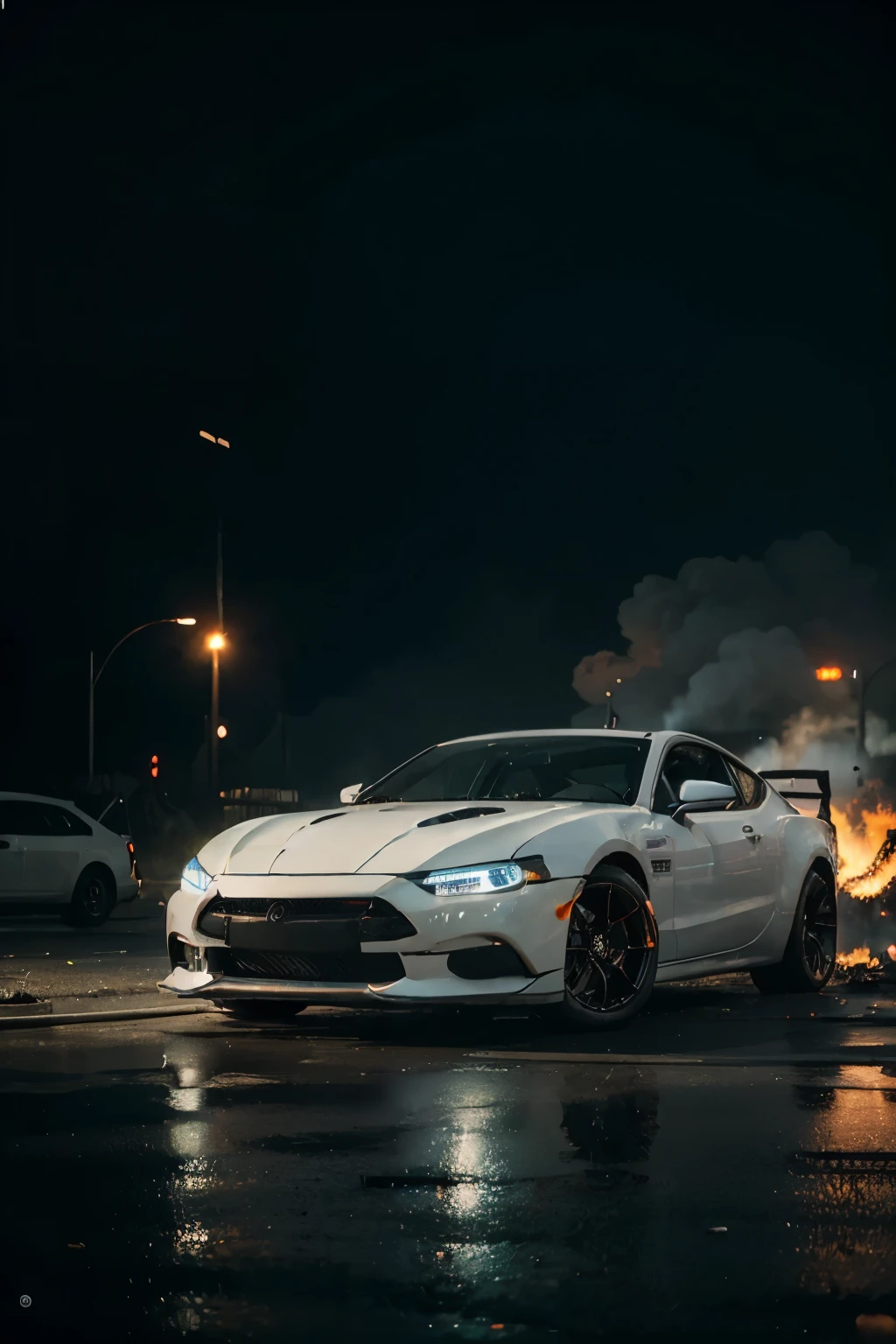 white modern style car,front isometric view,neon lights tires,((fire from body)),cyberpunk background, smooth outer texture ,bokeh,cinematic shot,destroyed cars in background