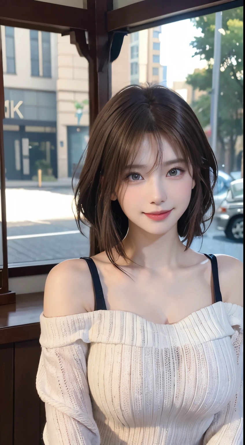 (logo, masterpiece, 8K, Tabletop, RAW Photos, wonderful, 最high quality, Photorealistic and very detailed CG composite 8k wallpaper, high quality, Very detailed, Narrative poem, Particle Effects, Dynamic Effects, Depth of the Boundary, Cinematic Light, Lens flare, Ray Tracing), short hair beautiful young woman, Hair tied back, high detail skin, very fine, fine skin texture, beautiful face, realistic eyes, beautifully detailed eyes, realistic skin, beautiful skin, surreal, smiling eyes, Hair and light eyes, Vibrant, Colorful lights and bokeh. The lighting casts a warm glow on her face and hair, Blue glow, Water surface reflection, Creates a dreamy and magical atmosphere, Big Breasts, Brown Hair, short hair, plump lower lip, pink blush on the cheeks , pink lips, brown tight no-shoulder knit sweater